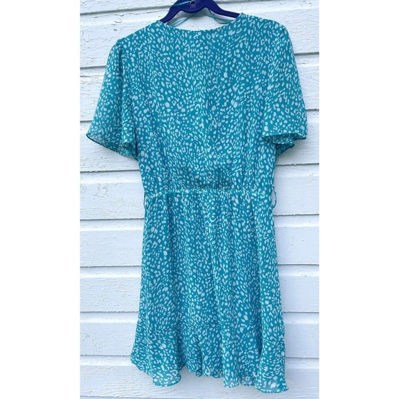 Jun Ivy Dress Aqua Blue Chiffon Flutter Sleeve Vneck Faux Wrap Polka Dot Midi - Picture 5 of 5
